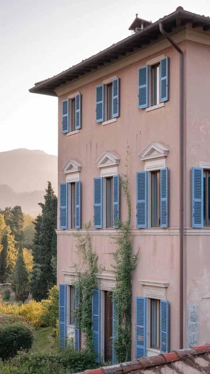 This enchanting Northern Italian villa, adorned with vibrant blue shutters and climbing ivy, embodies the serene beauty and timeless charm of the countryside.