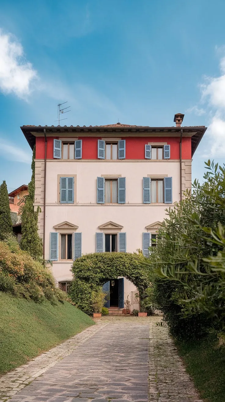 A sun-drenched Italian villa, with its red roof and blue shutters, sits nestled amongst lush greenery in Northern Italy.