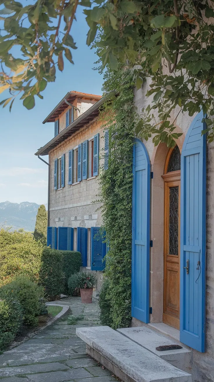 Northern Italy's idyllic stone villa, with its red roof and blue shutters, boasts breathtaking mountain views