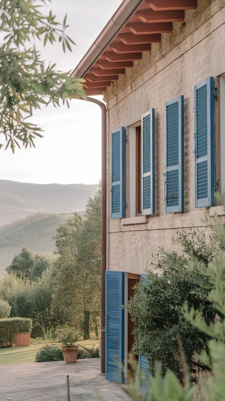 A tranquil Italian summer scene unfolds at a charming stone villa nestled in Northern Italy's picturesque hills.
