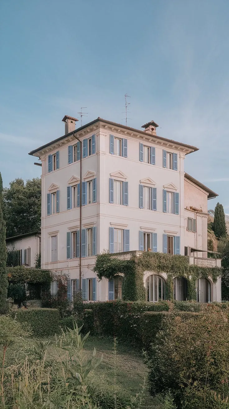 A sun-drenched Italian villa, painted white with blue shutters, sits nestled in Northern Italy's lush greenery, embodying the perfect European summer escape.