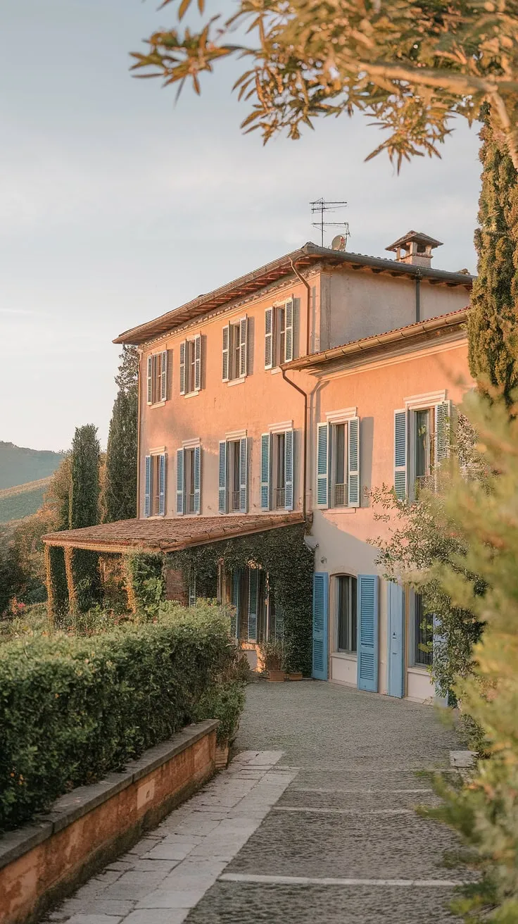 Golden sunlight bathes a charming Northern Italian villa with blue shutters nestled amongst verdant hills