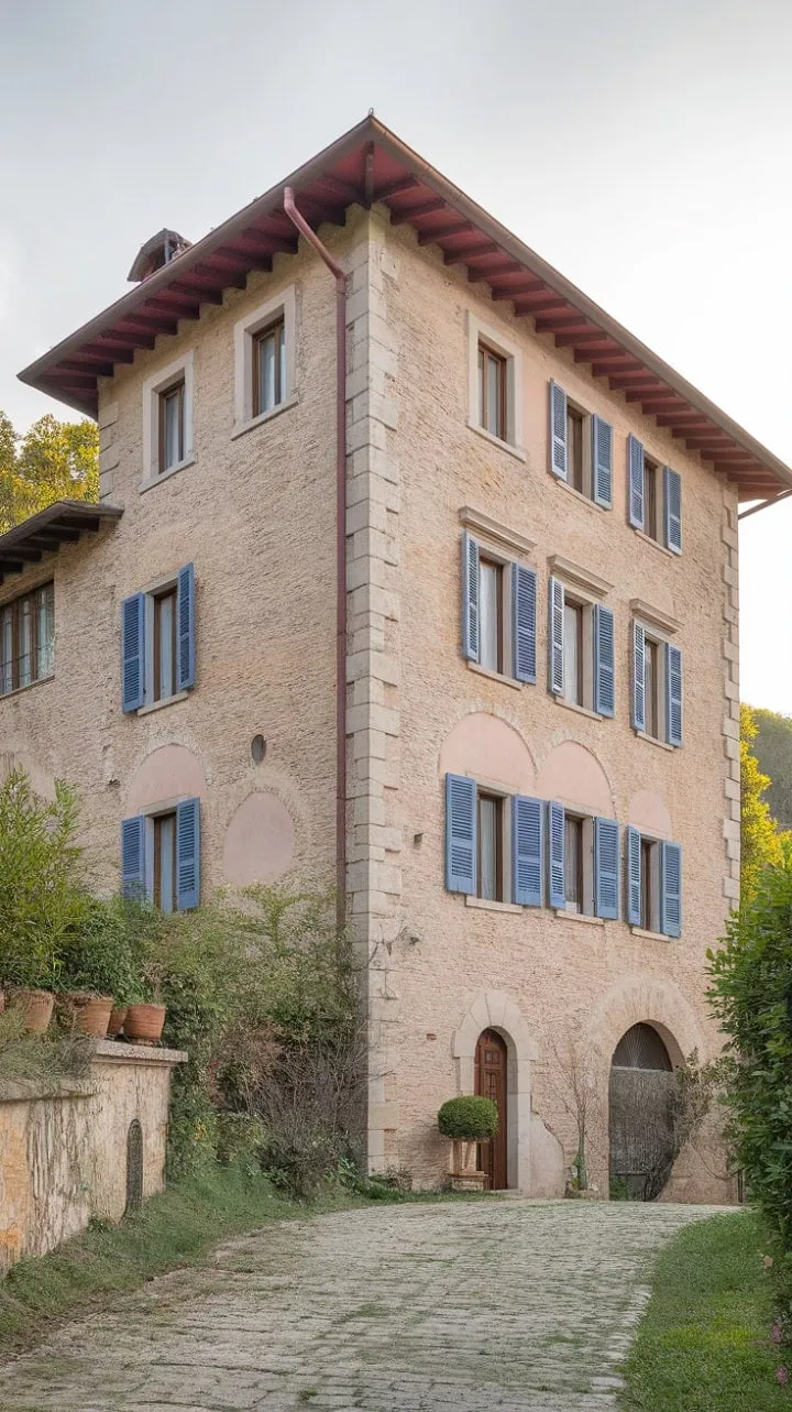 In Northern Italy, a charming stone villa with a terracotta roof and blue shutters beckons wanderers along a cobblestone path, whispering stories of its timeless beauty and generations past.