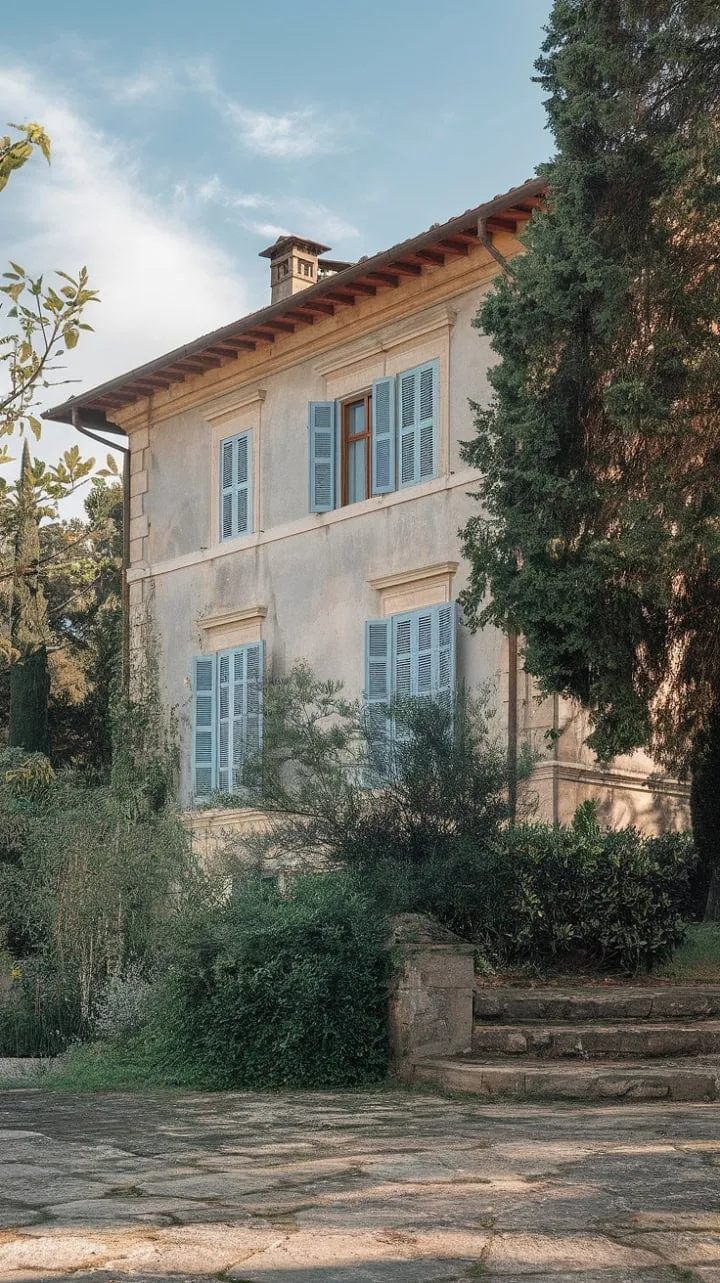 This enchanting stone villa in Northern Italy, with its inviting blue shutters, offers a serene escape steeped in history and stunning vistas.