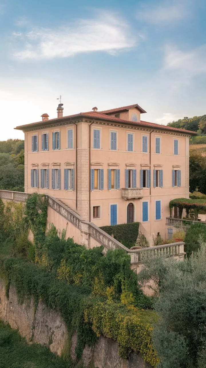 As you ascend the sunlit staircase of a charming Northern Italian villa, the warm hues and vibrant shutters frame a breathtaking view that embodies the region's enchanting allure.