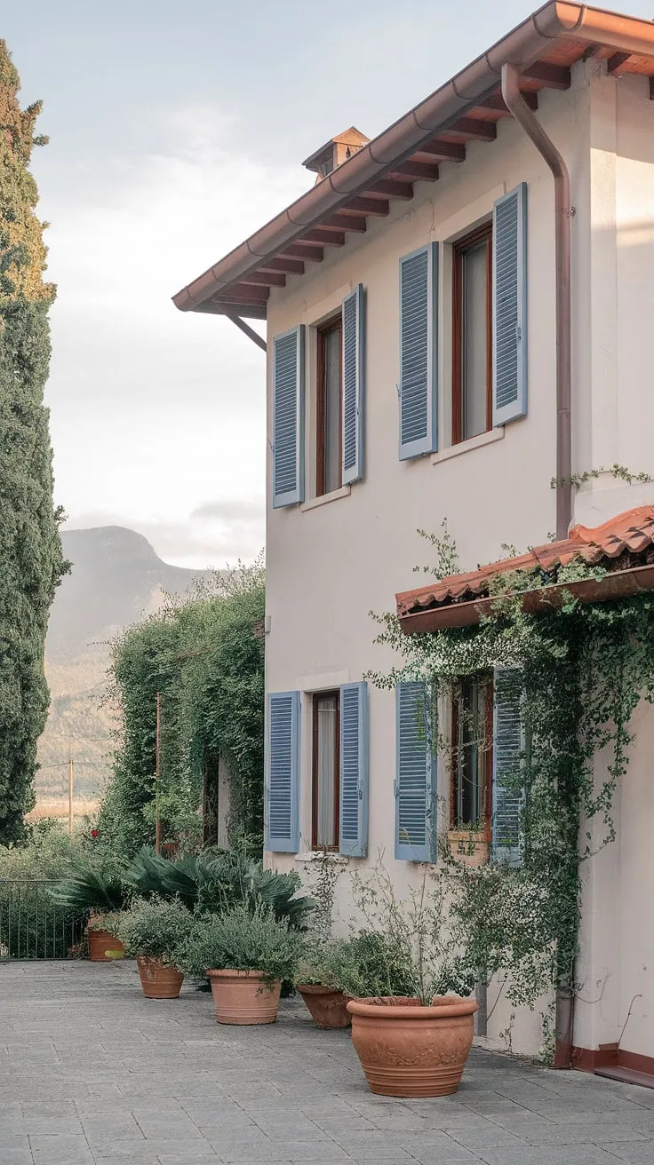 A picturesque Italian villa, painted white with blue shutters and a red roof, sits nestled in Northern Italy's lush landscape, a perfect postcard of European summer.