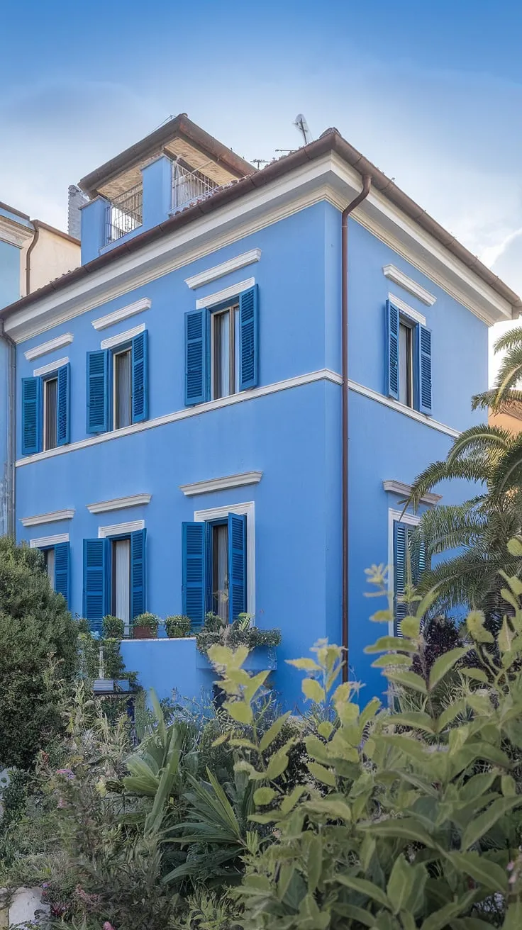 Northern Italy's vibrant blue villa, bathed in summer sunshine, evokes a classic European escape