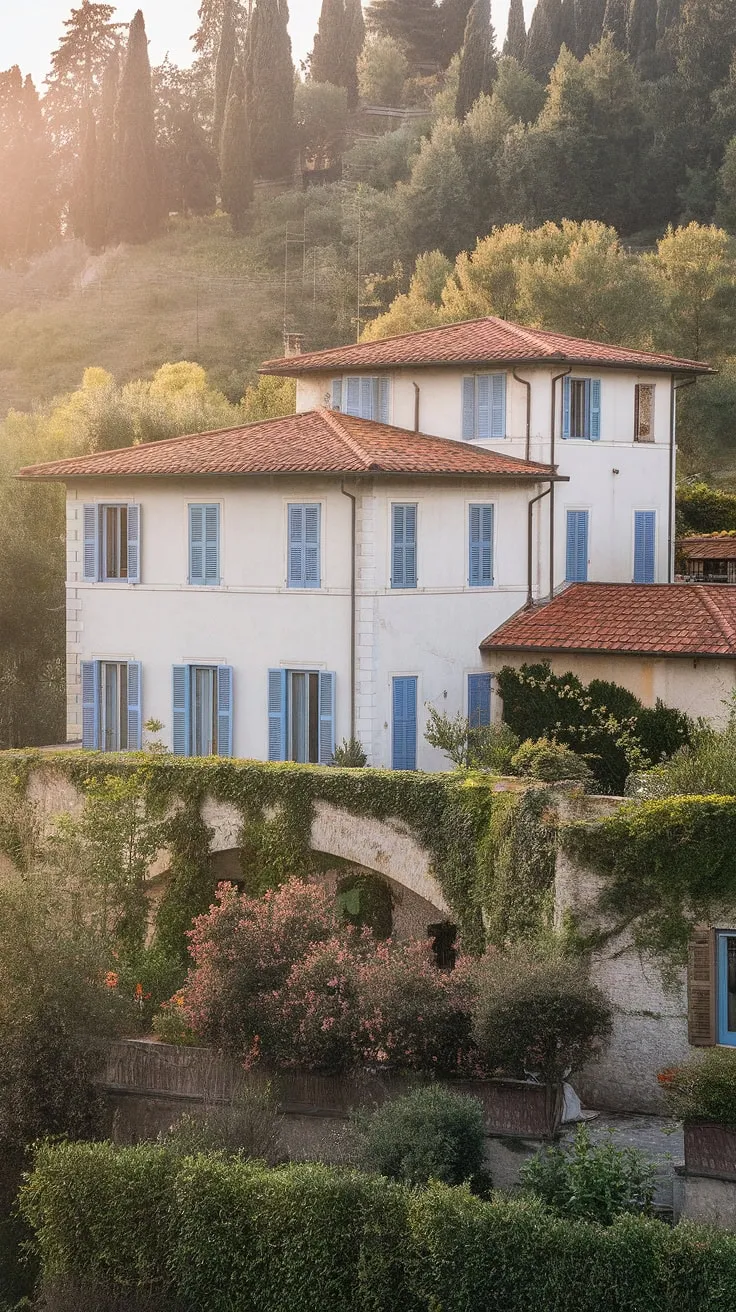 A serene Italian villa in Northern Italy glows under the summer sun, its white walls and blue shutters a vibrant contrast to the lush greenery.