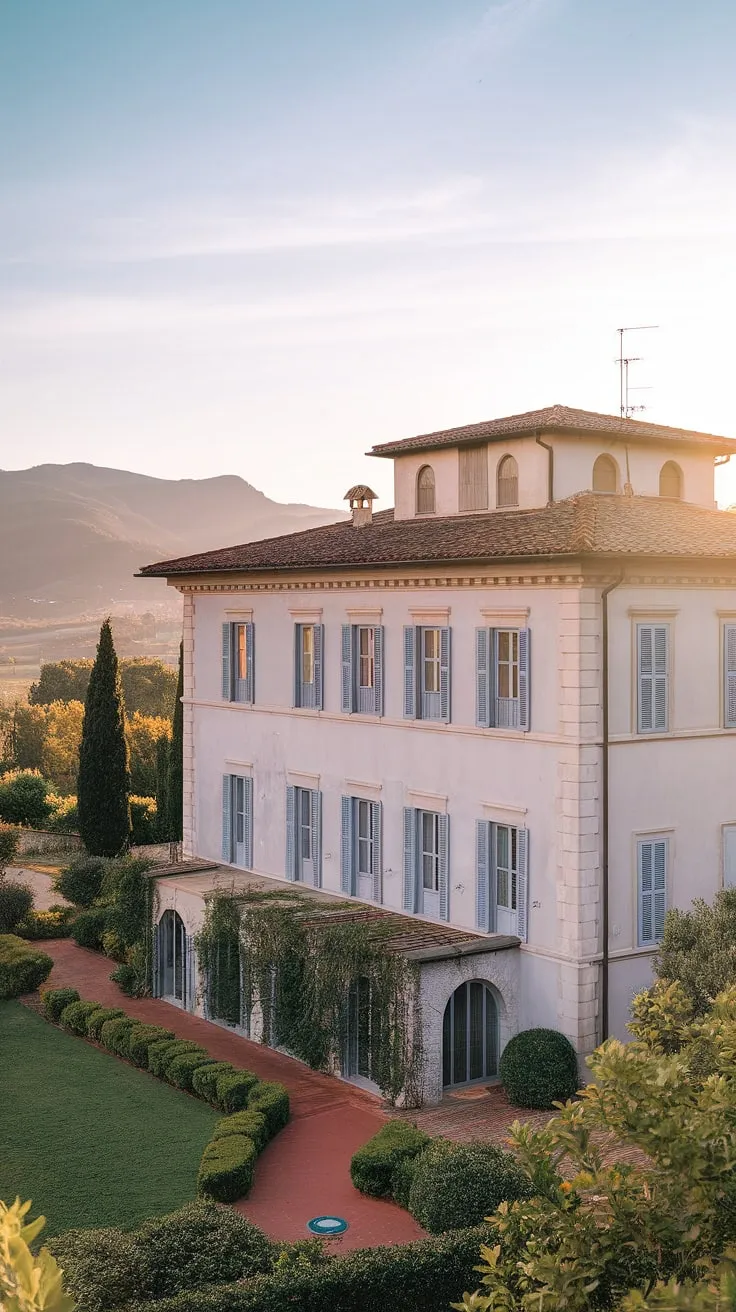 Northern Italy's idyllic villa, with blue shutters and terracotta roof, basks in the summer sun against a breathtaking mountain backdrop