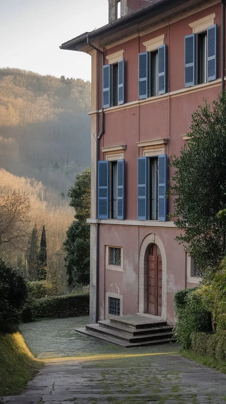 A sun-drenched Italian villa, its terracotta walls and blue shutters framed by lush greenery and rolling hills, beckons.
