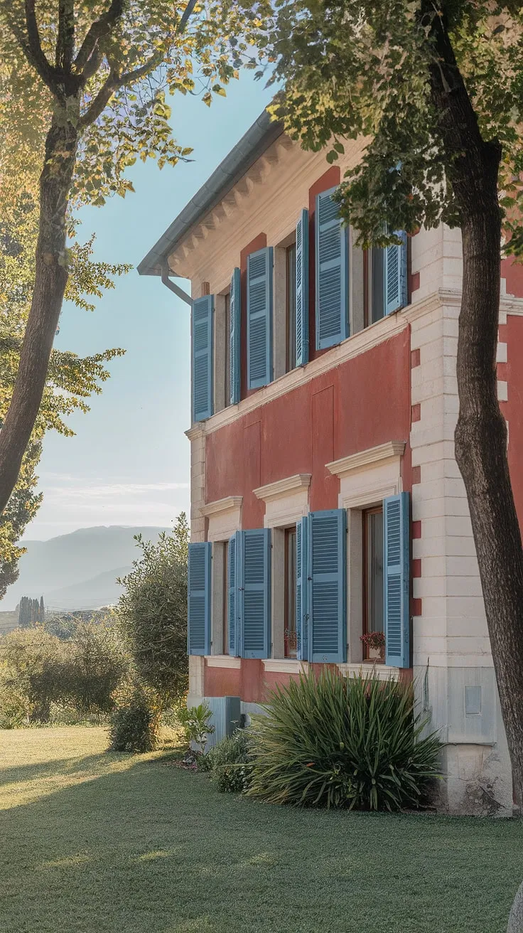 A sun-drenched Northern Italian villa, boasting red brick, white trim, and blue shutters, sits nestled amongst vibrant greenery and rolling hills.