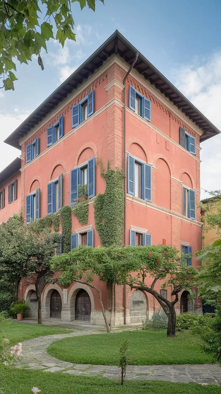 A picturesque Italian villa in Northern Italy boasts arched windows, vibrant flora, and a captivating garden.