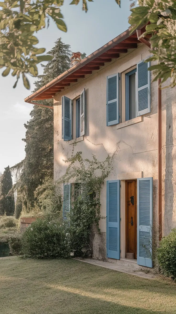 A picturesque Italian villa, its stone walls and blue shutters glowing under the summer sun, evokes idyllic European charm.