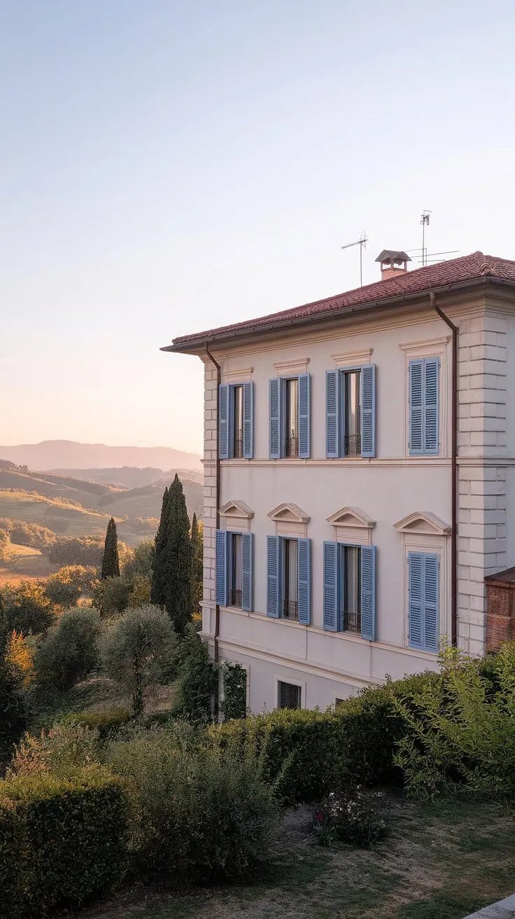 A classic Italian villa in Northern Italy showcases a picturesque summer scene with vibrant colors and tranquil surroundings.