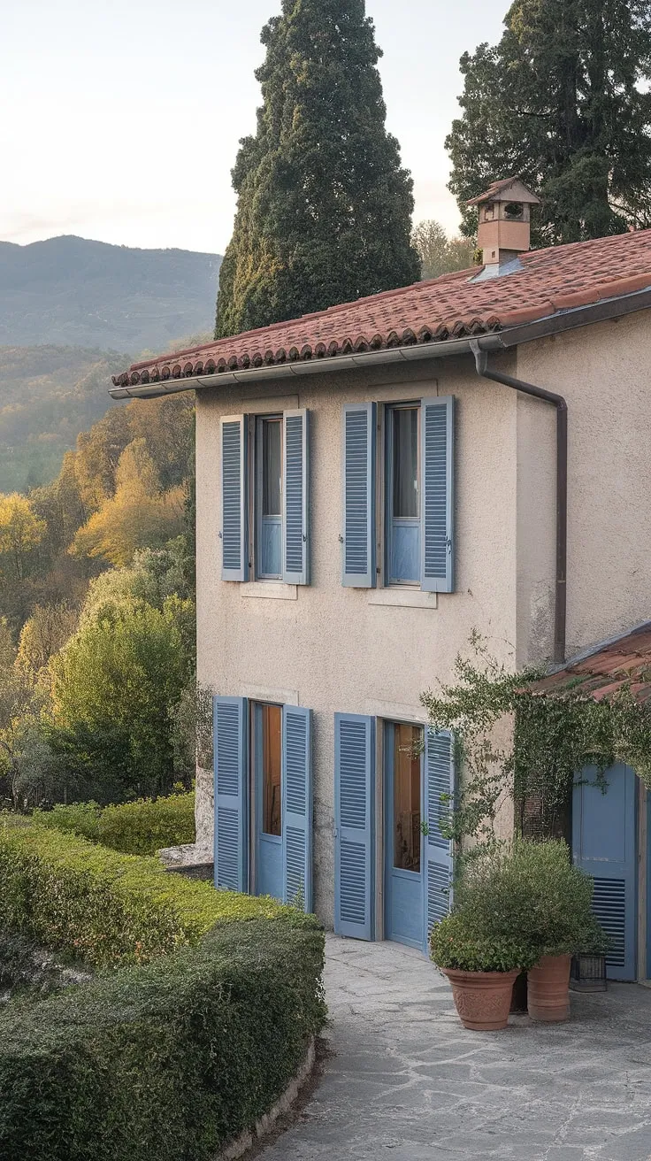A picturesque Northern Italian stone villa, with red roof and blue shutters, sits serenely amidst lush greenery and stunning mountain views.