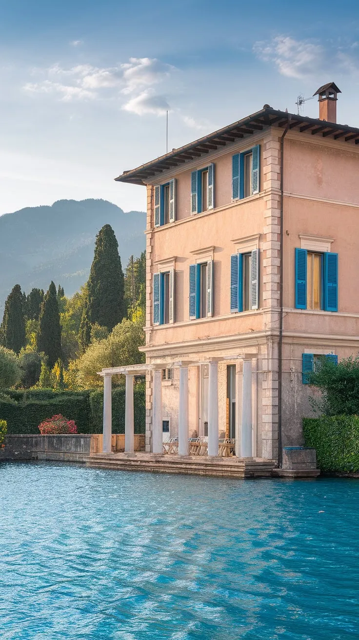 A sun-drenched Northern Italian stone villa, adorned with blue shutters and white columns, overlooks a tranquil lake and majestic mountains.