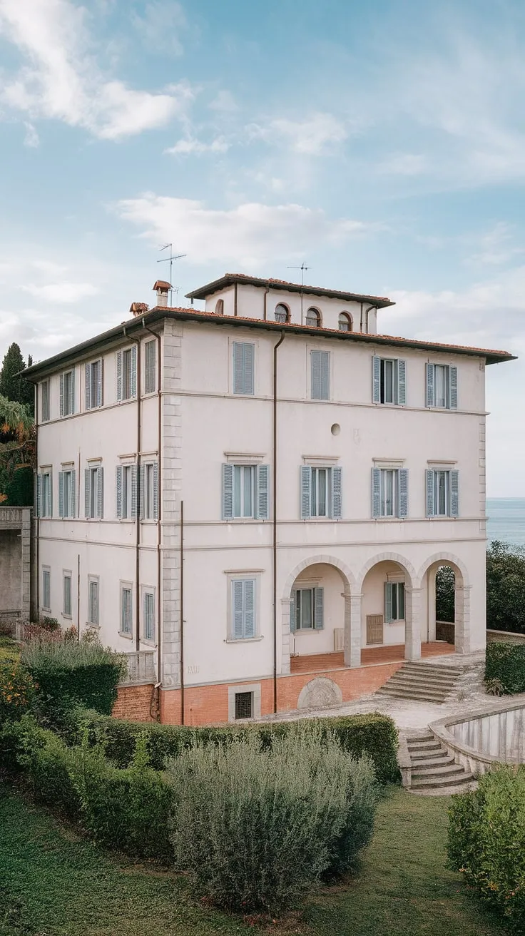 Sunlight bathes a charming Italian villa with blue shutters and a red roof near the northern coast.