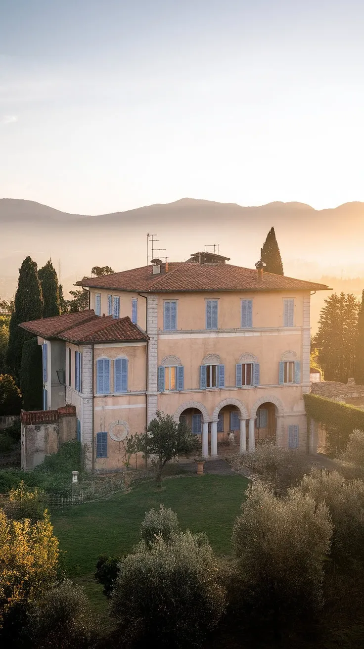 Bathed in golden sunlight, a classic Italian villa with red tile and blue shutters stands majestically amidst lush greenery and a breathtaking mountain backdrop.
