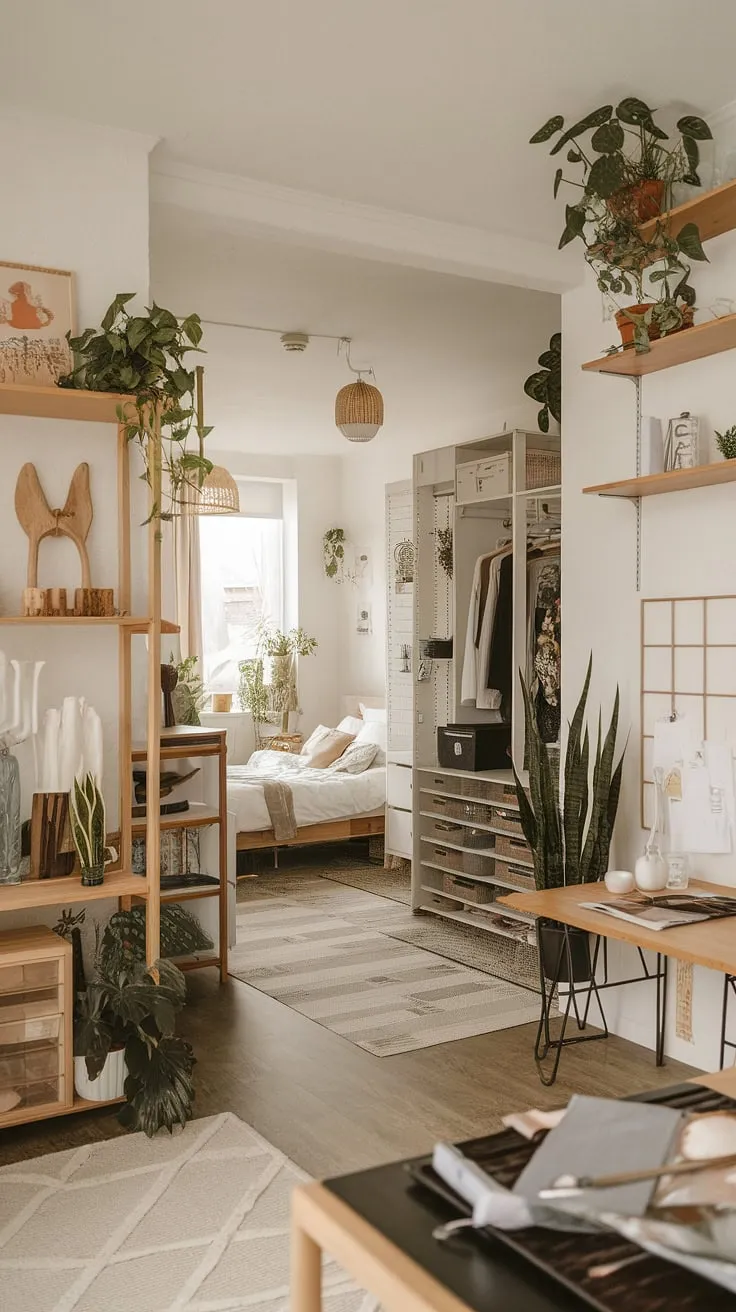 This Japandi apartment beautifully blends Japanese and Scandinavian styles, featuring cute apartment decor, an open space layout, and dreamy bedroom vibes perfect for a couple.