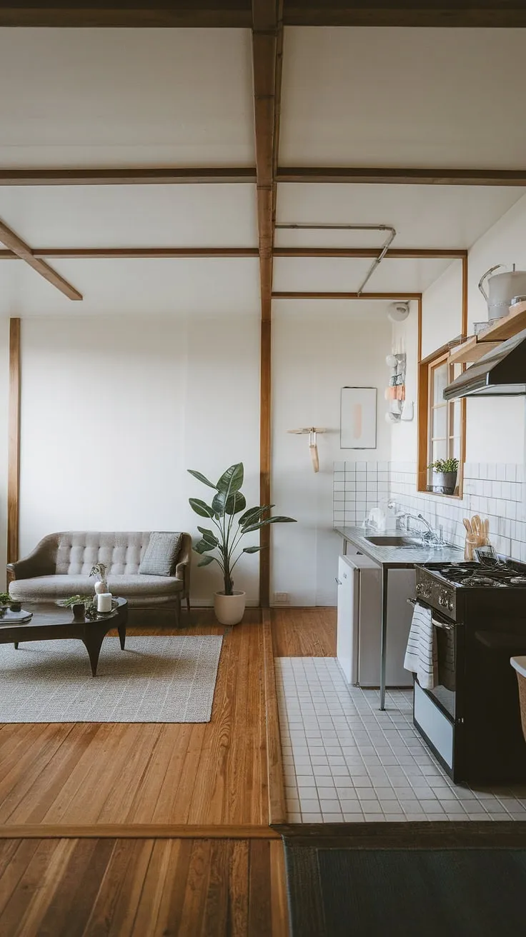 With its wooden beams and minimalist touches, this dream apartment decor showcases cute apartment ideas that elevate the bedroom decor and overall apartment aesthetic.