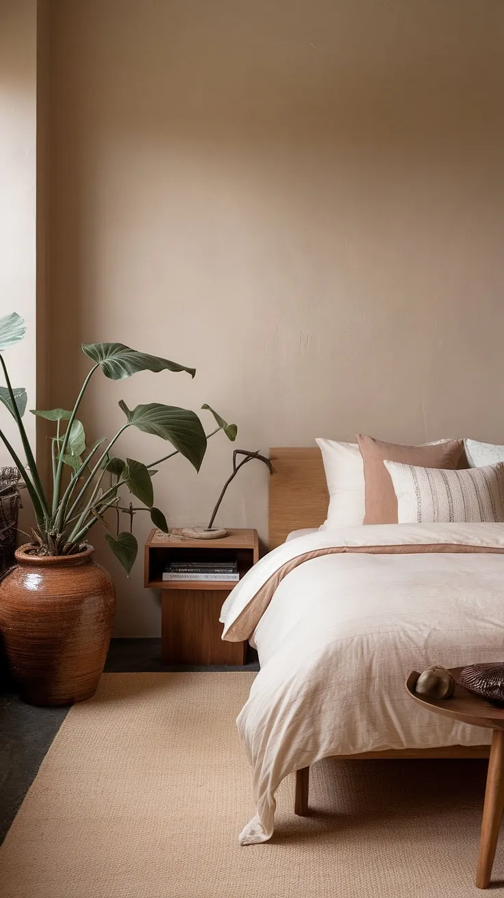 This Japandi apartment showcases a couple's bedroom with minimalist decor, featuring wooden furniture, muted colors, and cute apartment ideas that create a dream apartment aesthetic.