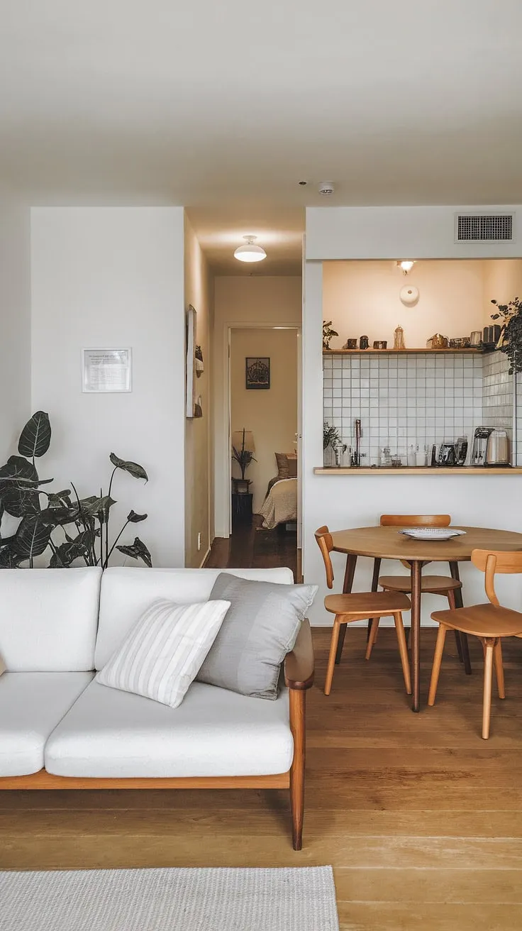 The Japandi apartment blends cute apartment decor and open space vibes, creating a harmonious couple apartment aesthetic with a cozy living area, inviting dining space, and tranquil bedroom decor.