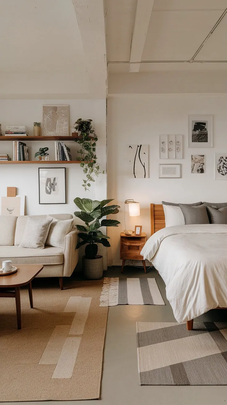 The cozy Japandi apartment combines cute decor ideas and a stylish open space layout, creating a dream aesthetic for couples with its inviting living room and beautifully styled bedroom.