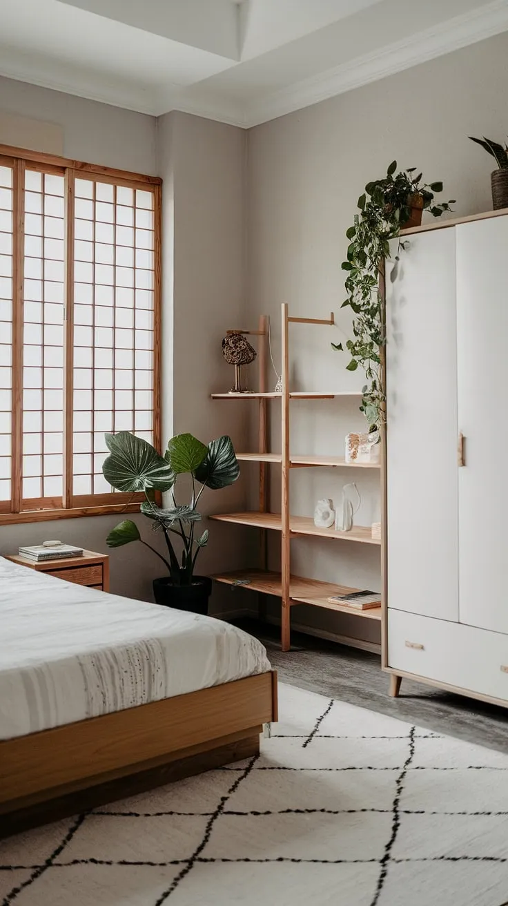 The open space apartment blends dream apartment decor with a wooden frame bed, white wardrobe, and greenery, perfect for future apartment decor inspiration.