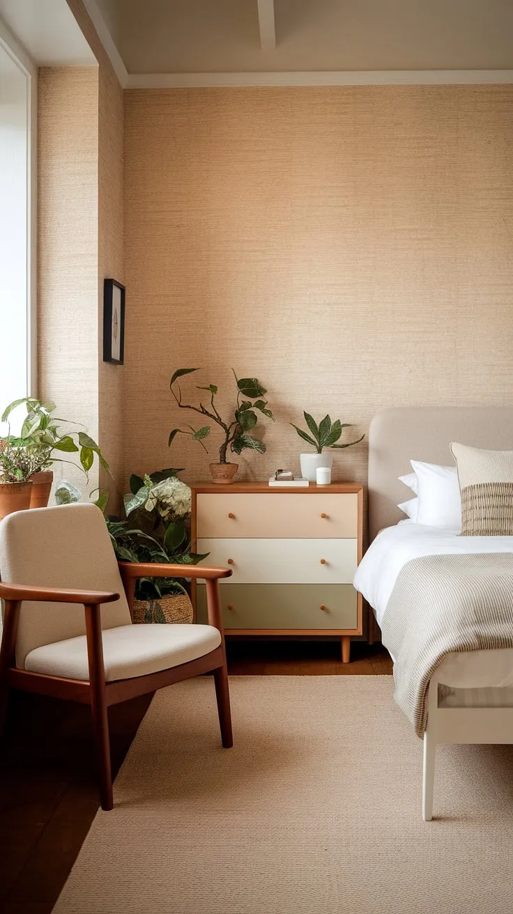 The cozy Japandi apartment features a couple's bedroom with a warm palette, cute apartment decor, and natural elements, creating the perfect future apartment aesthetic.