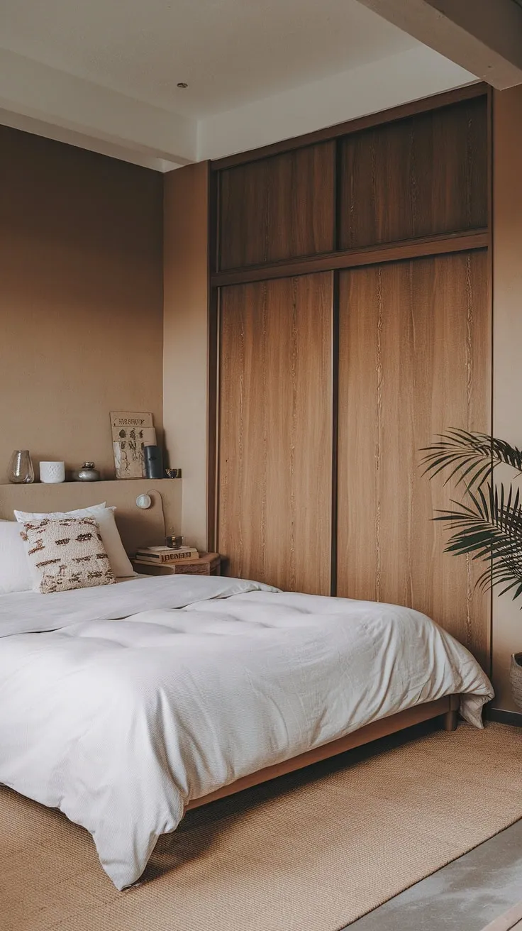 The cozy Japandi apartment features a couple's bedroom aesthetic with cute apartment decor and a harmonious blend of Scandinavian and Japanese elements, perfect for future apartment vibes.