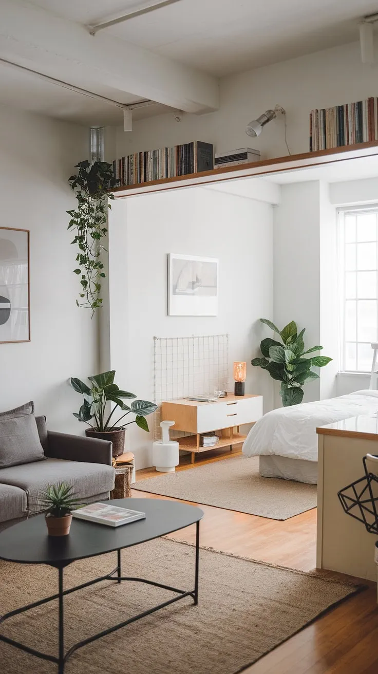 This Japandi apartment beautifully merges living and bedroom spaces, showcasing cute apartment decor and a cozy aesthetic perfect for a couple's dream apartment vibes.