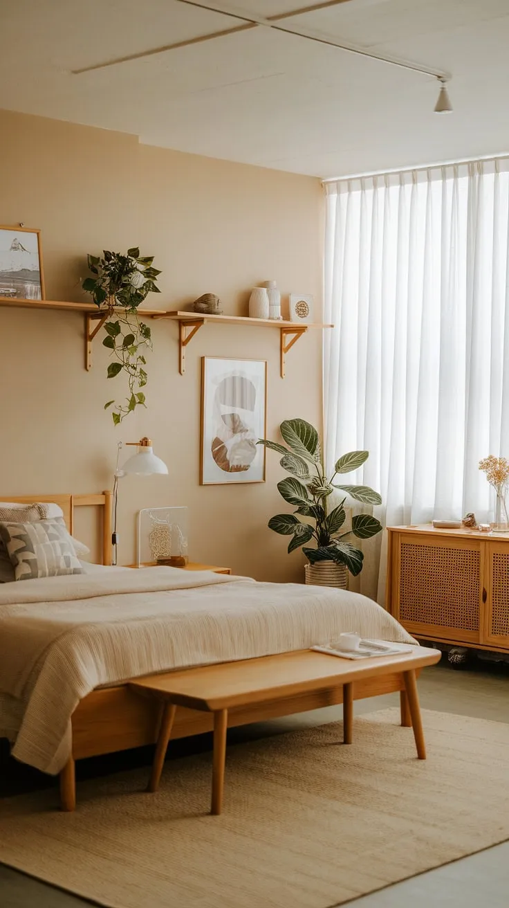 The dream apartment decor features a calming atmosphere with a queen-size bed, wooden shelves, and natural elements, perfect for future apartment vibes.