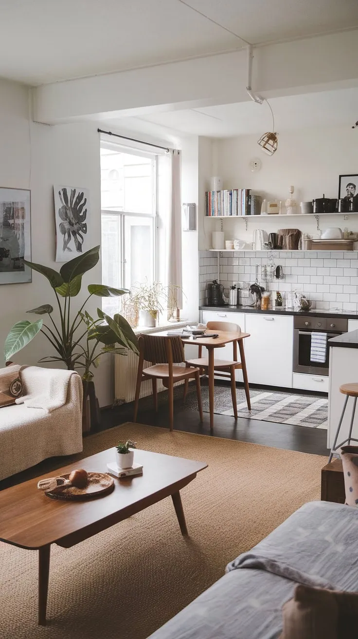 This Japandi apartment showcases a couple's dream aesthetic with cute decor ideas, blending an open space living area, cozy bedroom vibes, and stylish kitchen elements for the perfect future apartment look.