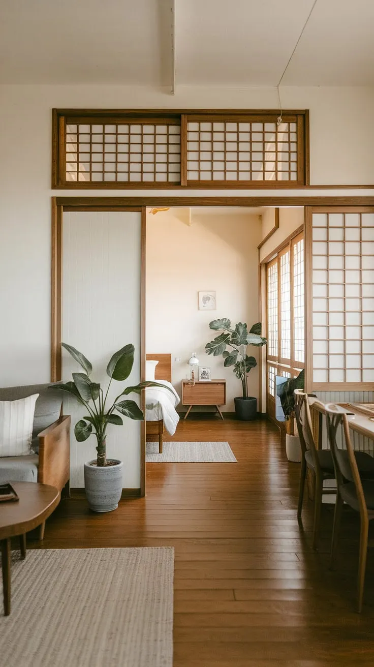 This Japandi apartment features an open space layout with cute decor ideas that create a warm and cozy vibe, perfect for a couple's dream apartment aesthetic.