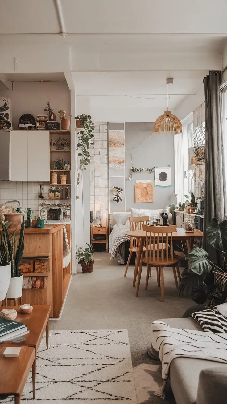 This Japandi apartment showcases a couple's dream apartment decor with an open space layout, blending cute apartment ideas and aesthetic vibes through personalized touches and a harmonious mix of Japanese and Scandinavian styles.