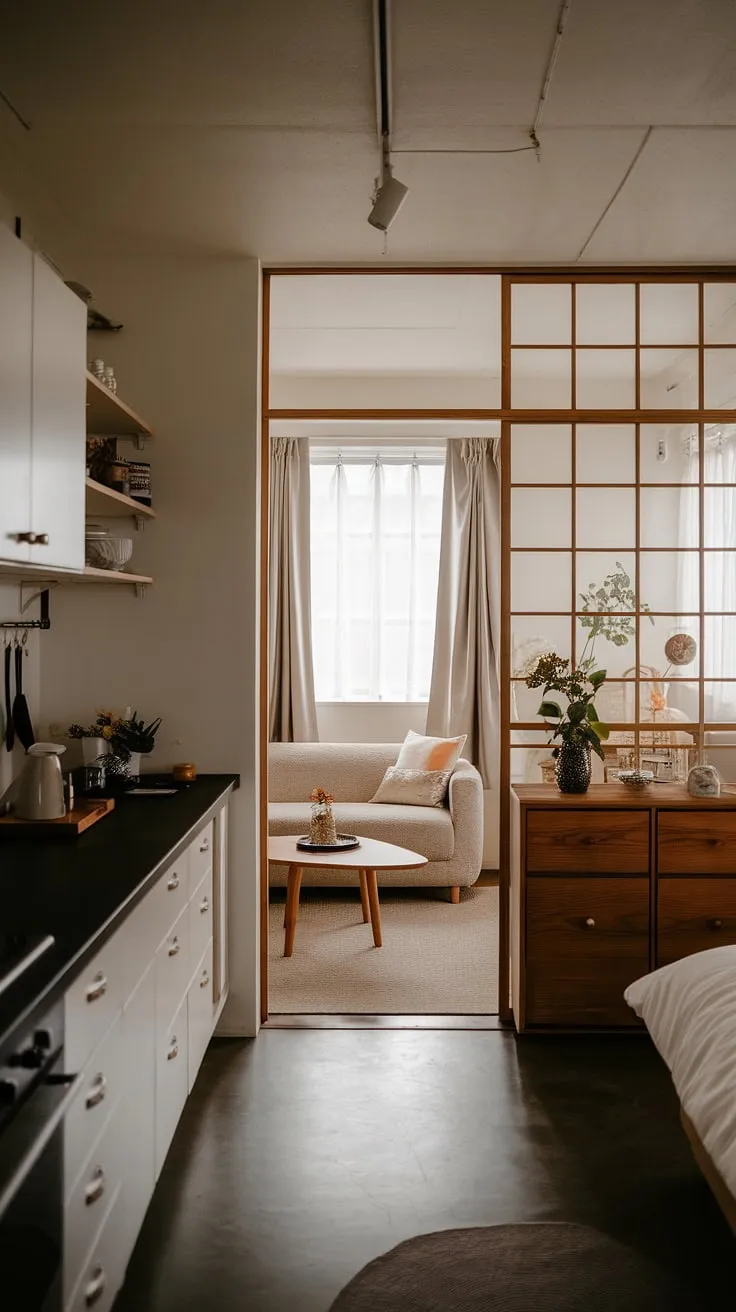 This Japandi apartment showcases a couple apartment aesthetic with cute decor ideas, featuring an open space design that blends cozy bedroom decor and inviting apartment vibes.