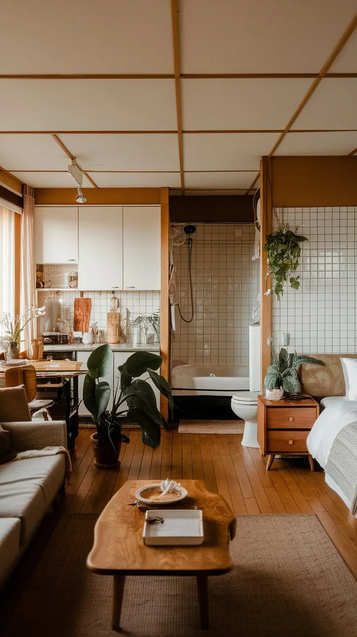 This Japandi apartment showcases a couple's dream apartment decor with warm tones, natural materials, and cute apartment ideas that enhance the open space apartment vibes.