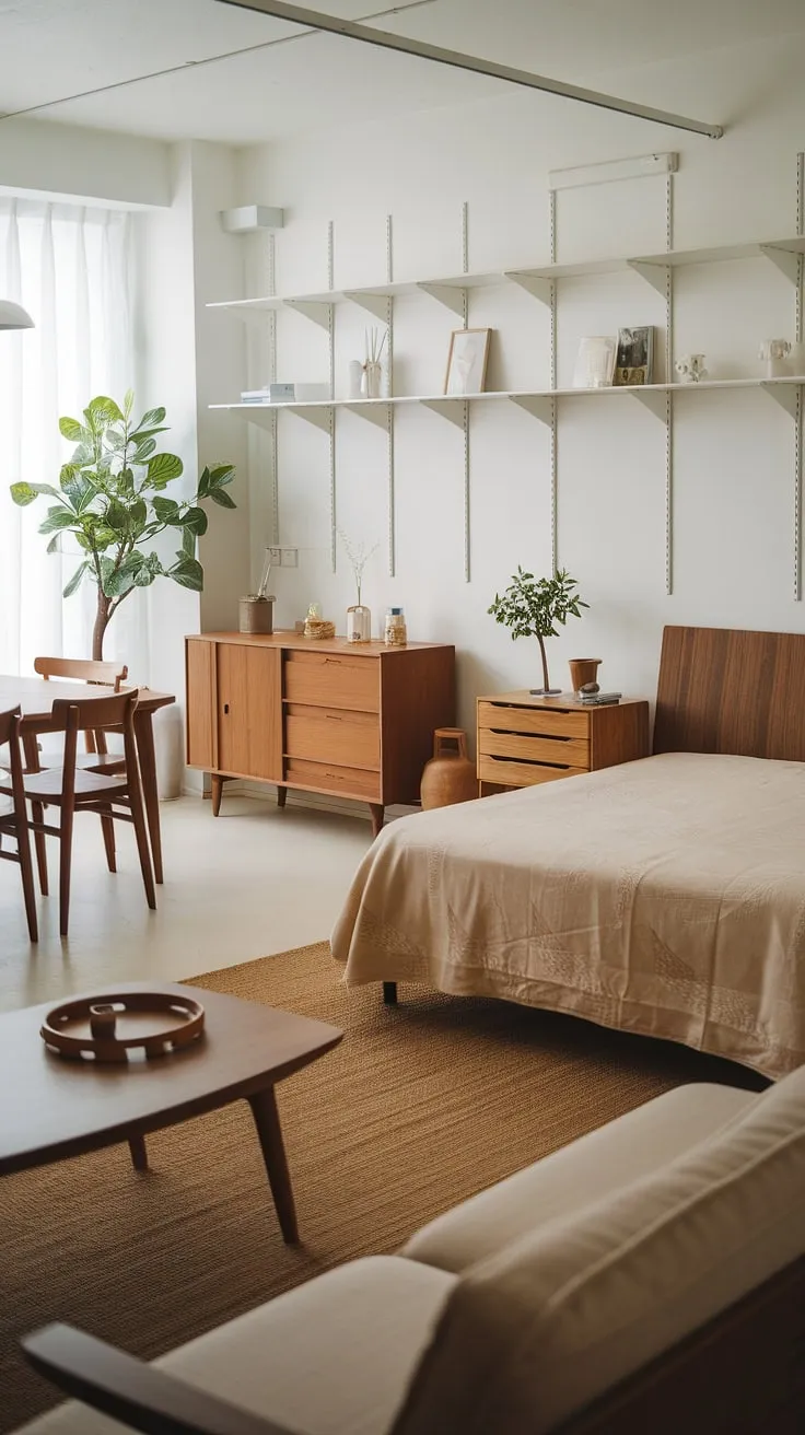 The Japandi-style apartment blends cute apartment ideas with a harmonious open space layout, offering a perfect backdrop for future apartment decor and a stylish couple apartment aesthetic.
