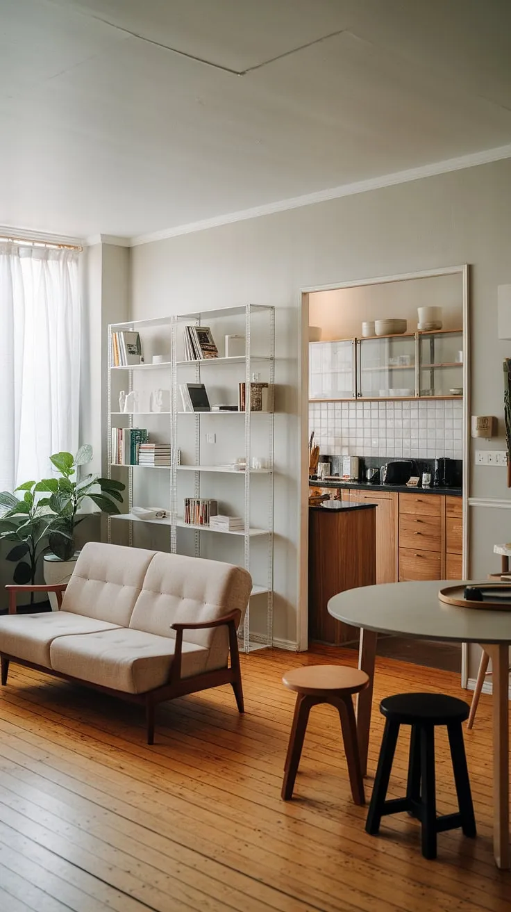 This Japandi apartment showcases a couple apartment aesthetic with cute apartment decor, featuring an open space layout, wooden floors, and light gray walls that create dreamy apartment vibes.