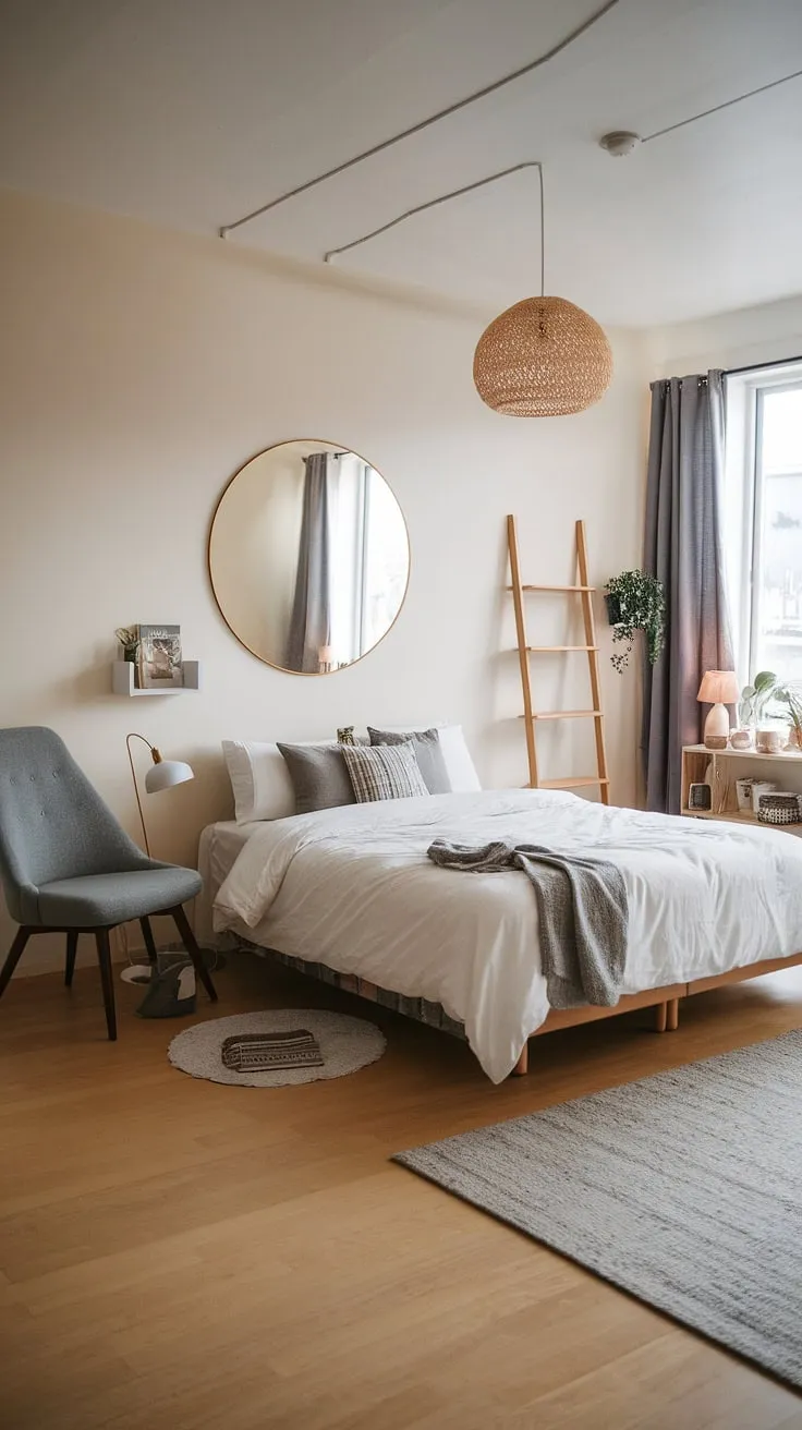 This Japandi apartment showcases a couple's bedroom aesthetic with light wooden floors, cozy decor, and personal touches that create the perfect vibe for future apartment dreams.