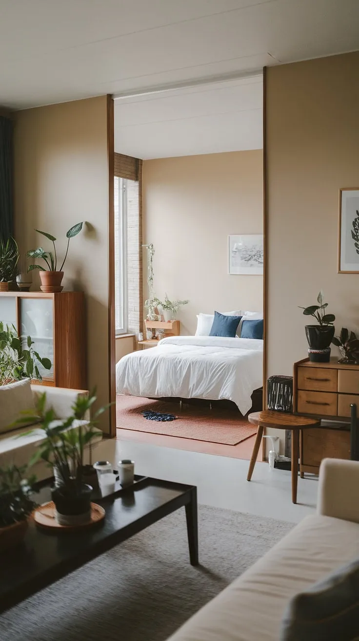 This Japandi apartment showcases a couple apartment aesthetic with cute apartment decor, featuring an open space living area and a cozy bedroom that embodies dream apartment decor.