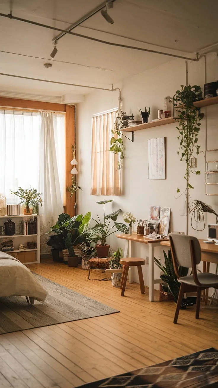 The warm ambiance of this Japandi-style couple apartment showcases cute decor and bedroom ideas, perfect for achieving a harmonious apartment aesthetic.
