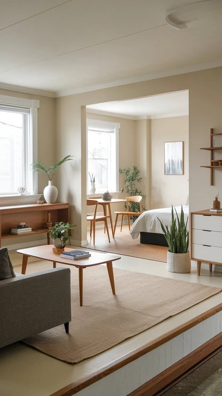 This Japandi apartment showcases a couple's dream apartment decor with cute apartment ideas that enhance the open space apartment vibes through stylish bedroom decor and charming cute apartment decor.