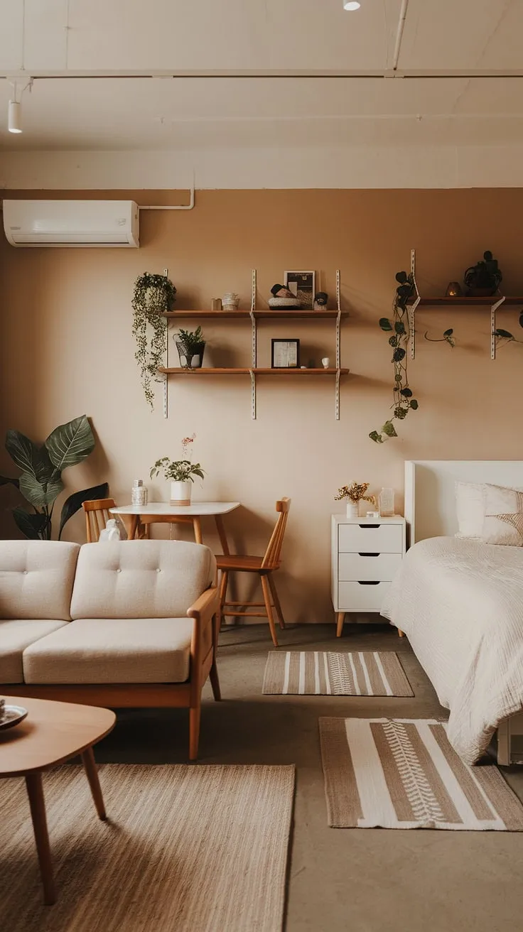 This Japandi apartment showcases a couple's dream apartment decor with warm tones, cute apartment ideas, and an open space aesthetic that blends minimalist living with charming bedroom decor.