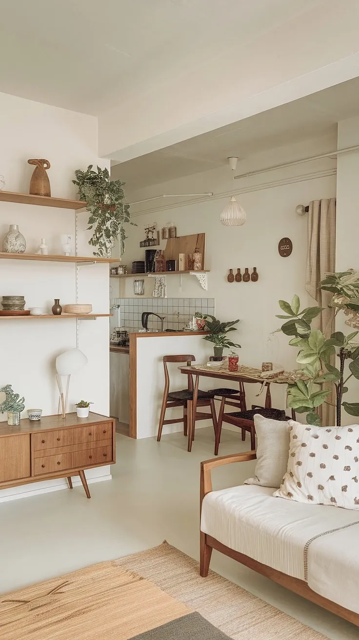 The couple's Japandi apartment features a minimalistic open space layout adorned with cute decor and natural touches, embodying their future apartment aesthetic.