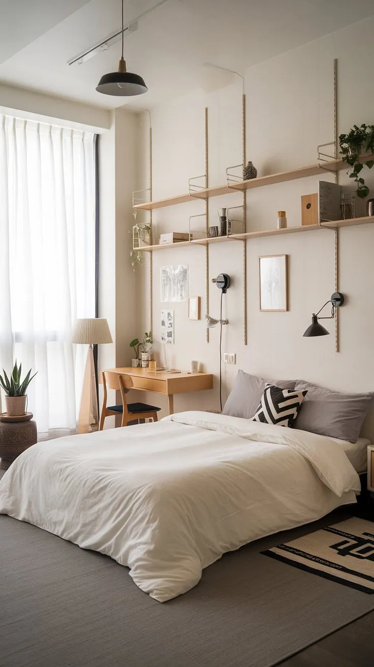 This Japandi apartment showcases a couple's dream aesthetic with minimalist decor, blending Scandinavian and Japanese elements for cute apartment vibes in an open space.