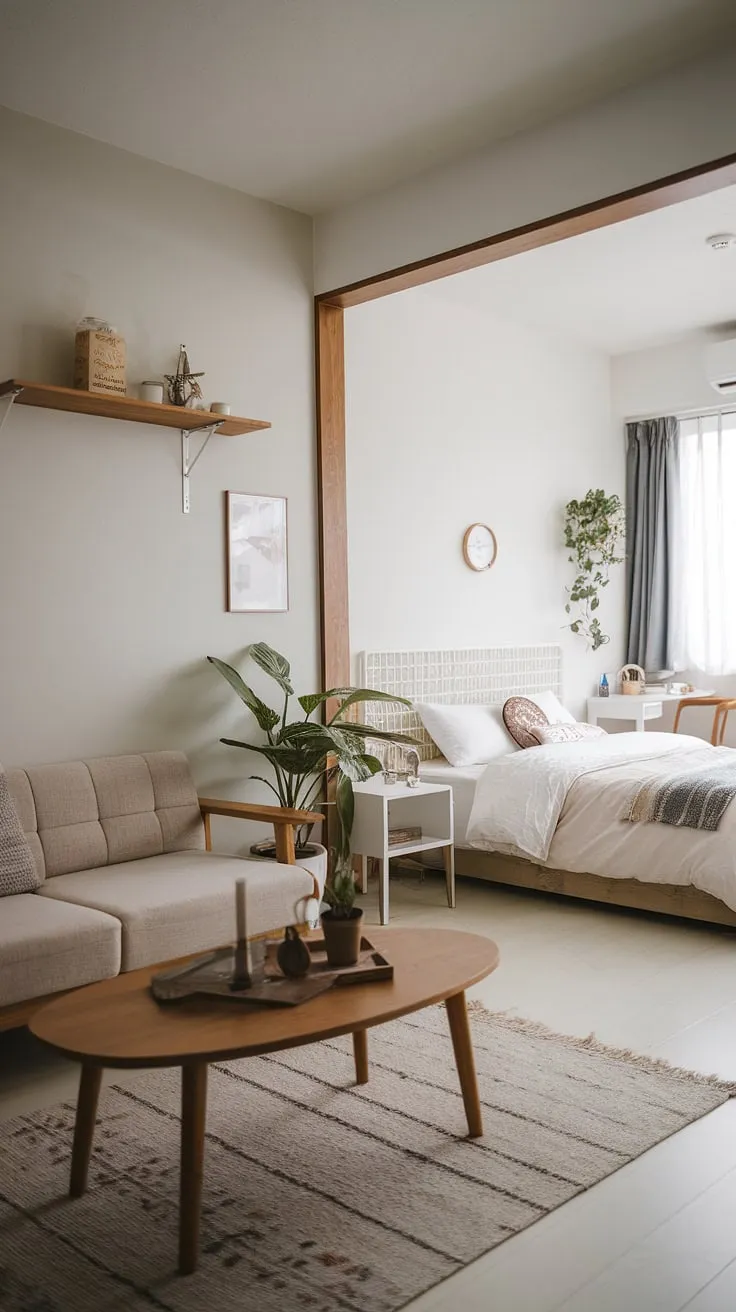 The stylish Japandi apartment combines cute apartment ideas and apartment vibes, creating a harmonious living space with a cozy living room and thoughtfully designed bedroom decor.
