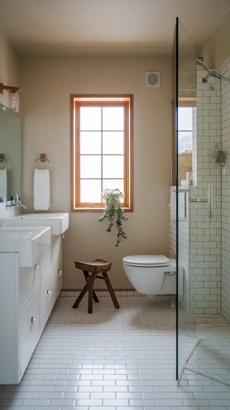 Featuring a blend of Scandinavian influences, this Japandi bathroom offers inspiring design elements like a wall-mounted toilet and a glass shower, all within a minimalistic space.