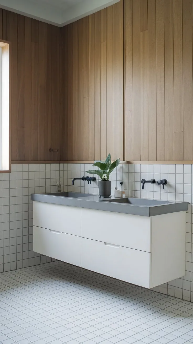 Featuring a blend of Scandinavian and Japandi aesthetics, this minimal bathroom highlights a stylish white vanity and natural elements for a tranquil Japandi home.