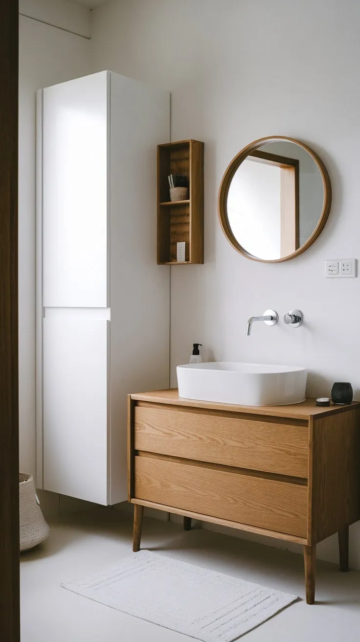 This Japandi bathroom design showcases minimalism with a wooden vanity, white sink, and a harmonious color scheme, offering perfect bathroom design inspiration for Japandi interiors.